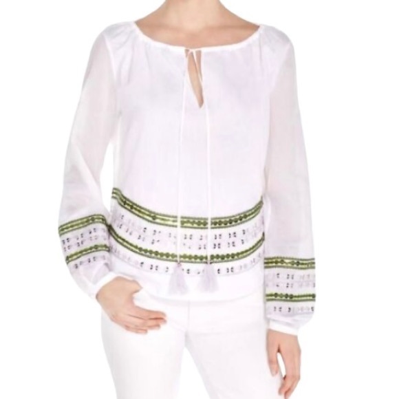 Tory Burch Madeline White Peasant Blouse with Purple and Green Detail 2 - Picture 1 of 10